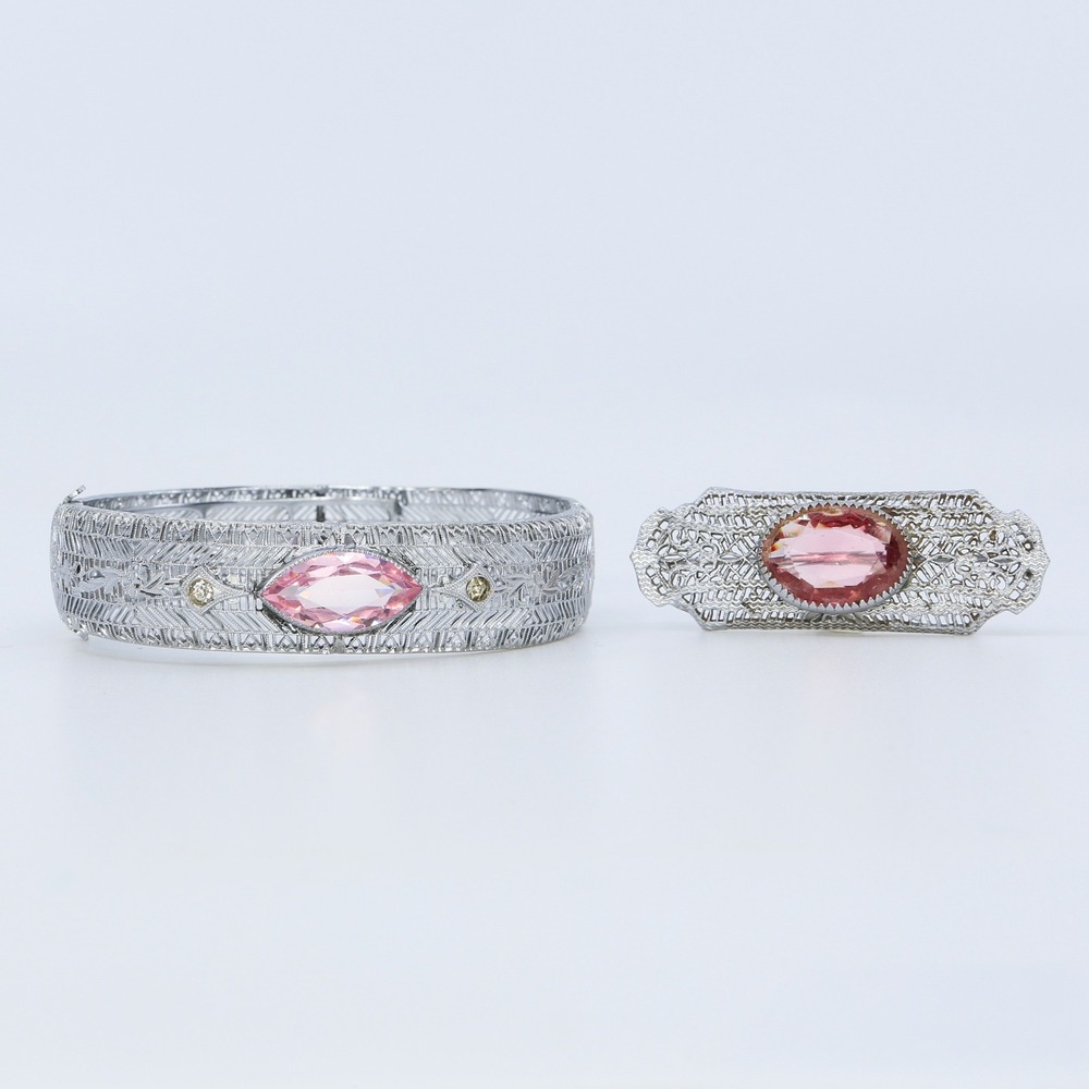 Antique Cheever Tweedy Filigree Cuff Bracelet & Brooch Pink Rhinestone Set 1930s